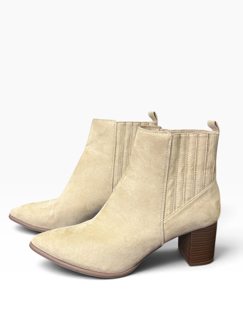 Ann Taylor Beige Faux Suede Stacked Heel Pointed Toe Ankle Boots Size 9